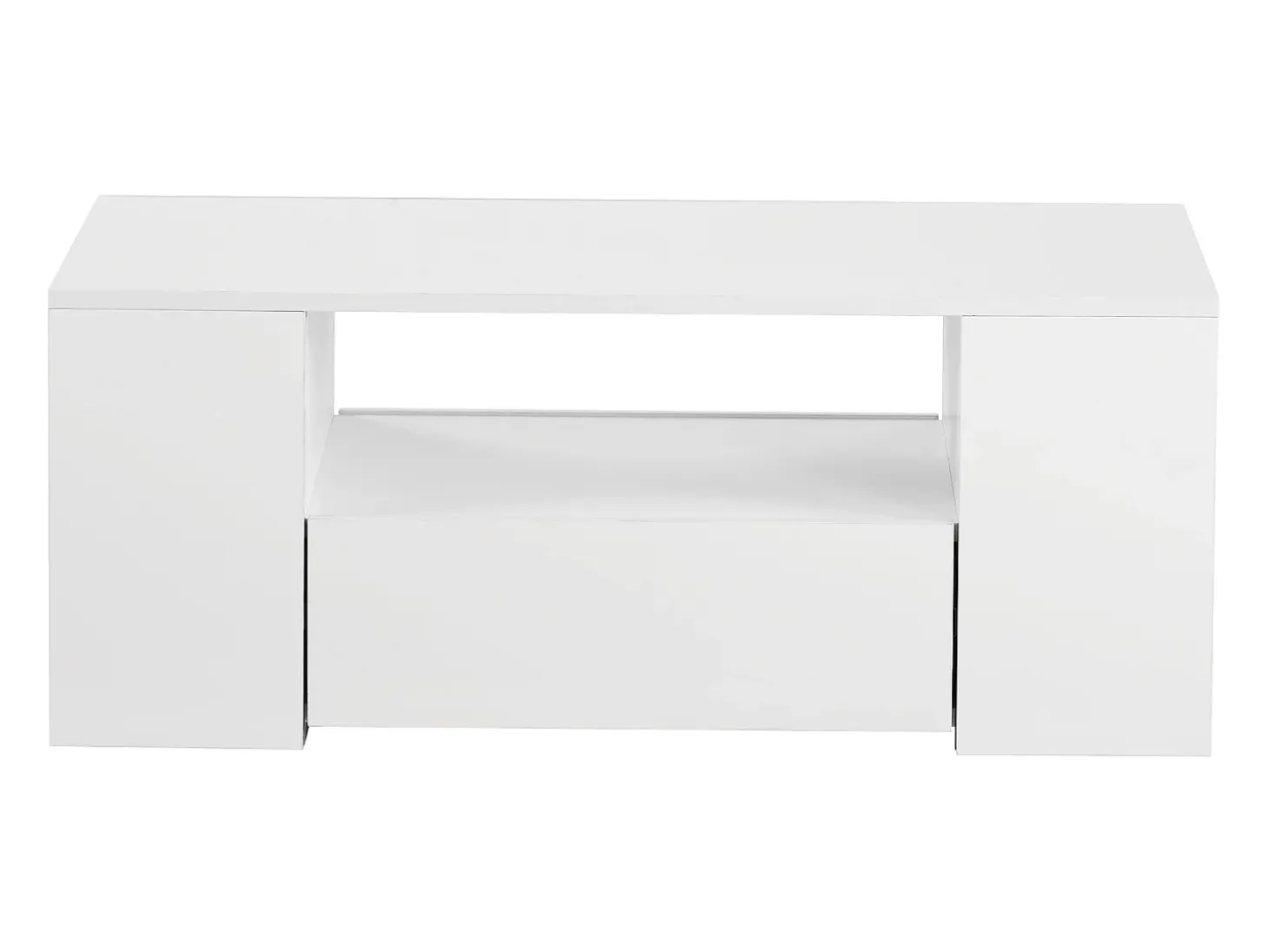 Mesa de centro moderna com 2 gavetas e prateleiras, LED, lacada a branco