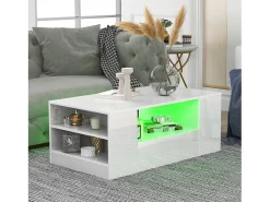 Mesa de centro moderna com 2 gavetas e prateleiras, LED, lacada a branco