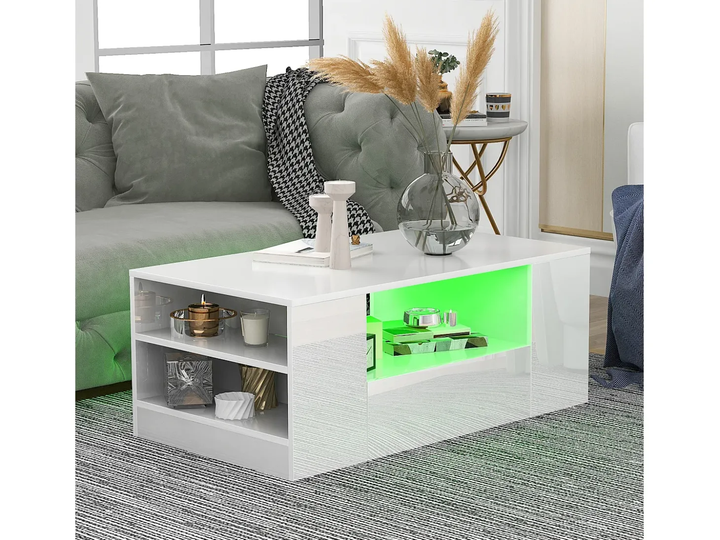 Mesa de centro moderna com 2 gavetas e prateleiras, LED, lacada a branco