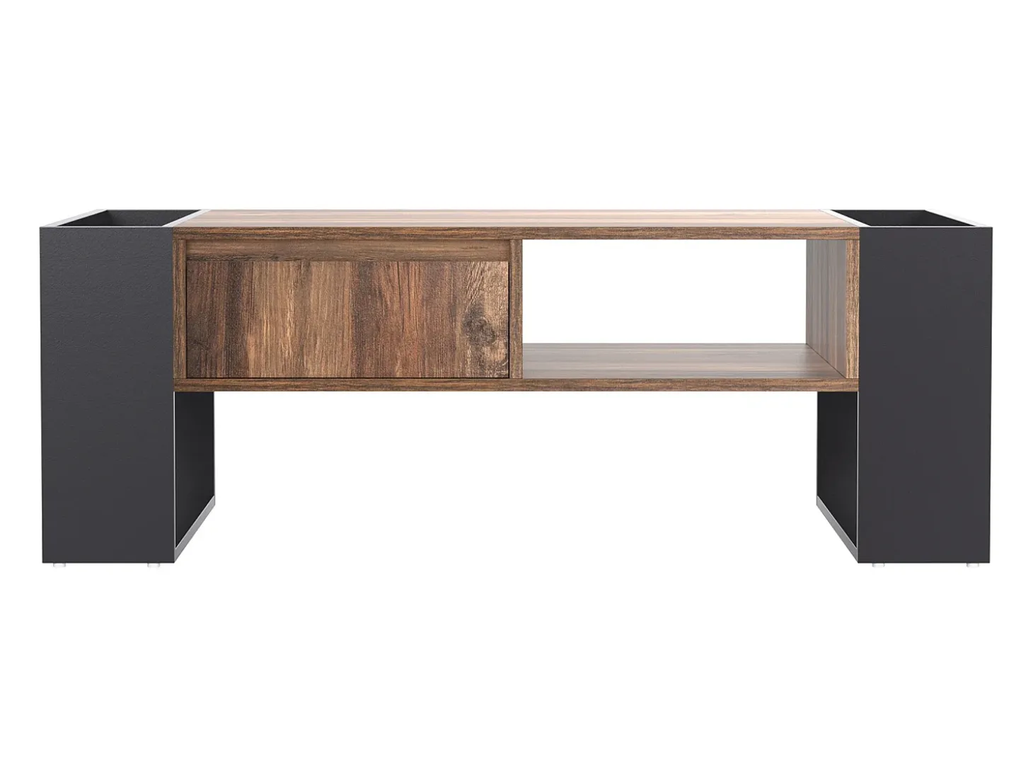 Mesa de centro moderna com gaveta e compartimentos de armazenamento, madeira natural, cinza-preto