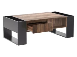 Mesa de centro moderna com gaveta e compartimentos de armazenamento, madeira natural, cinza-preto