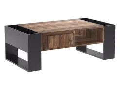 Mesa de centro moderna com gaveta e compartimentos de armazenamento, madeira natural, cinza-preto