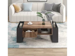 Mesa de centro moderna com gaveta e compartimentos de armazenamento, madeira natural, cinza-preto