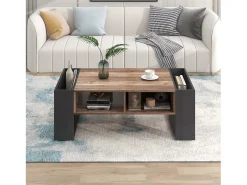 Mesa de centro moderna com gaveta e compartimentos de armazenamento, madeira natural, cinza-preto