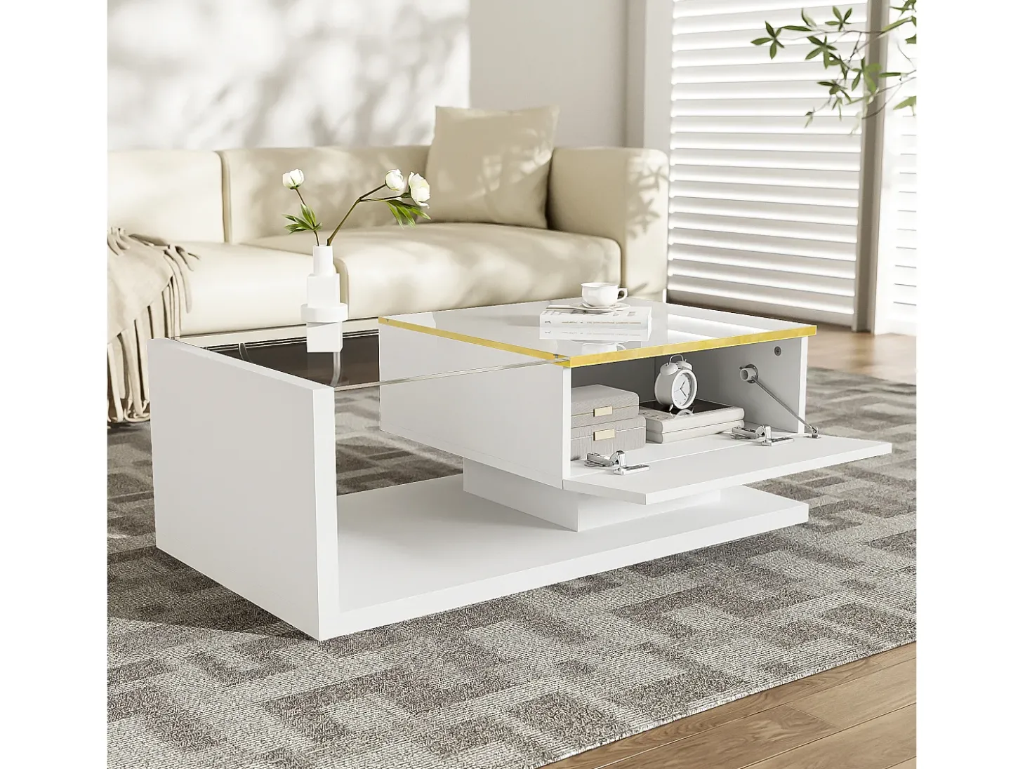 Mesa de centro moderna em vidro com iluminação LED - painéis de partículas - branco