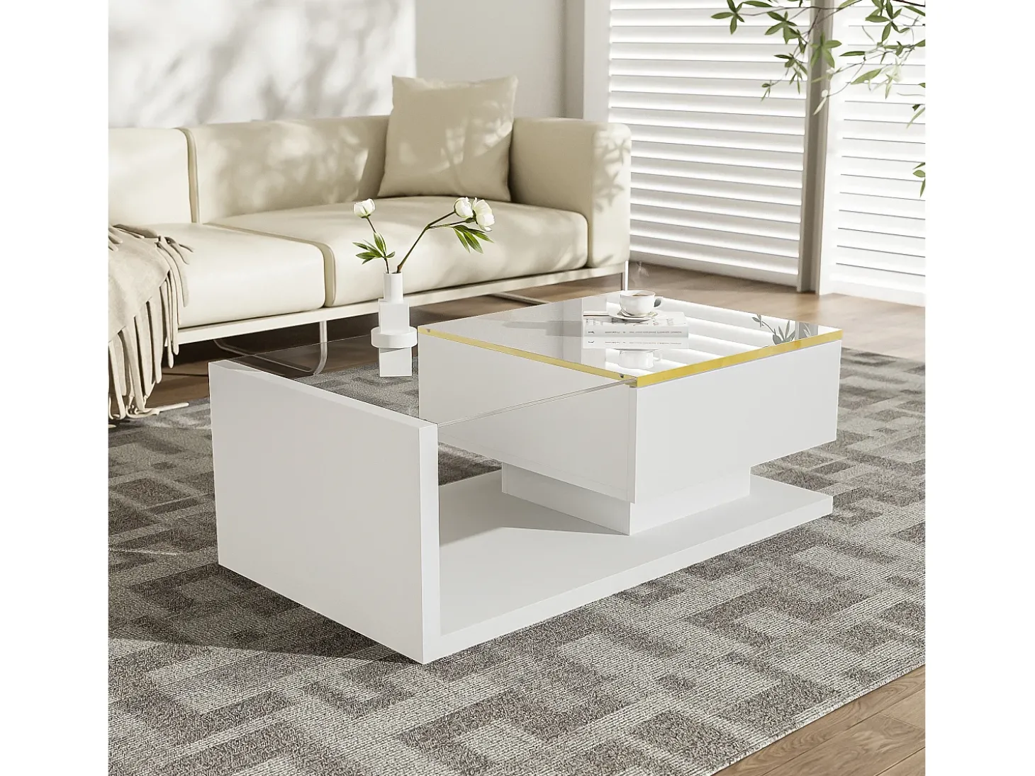Mesa de centro moderna em vidro com iluminação LED - painéis de partículas - branco