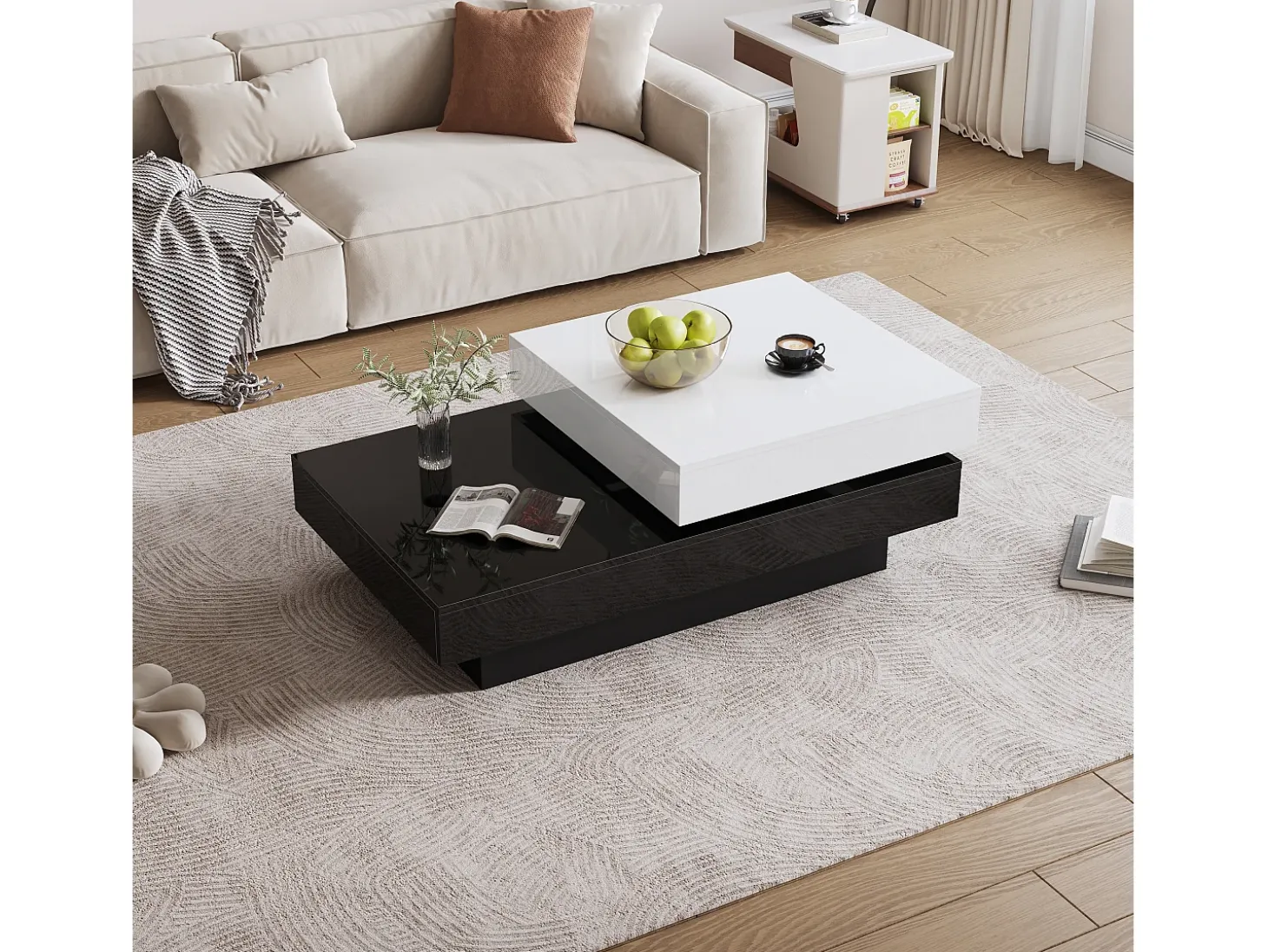 Mesa de centro moderna minimalista brilhante 103 x 60 x 35.5 cm - Tampos giratórios - Armazenamento aberto - Preto e branco