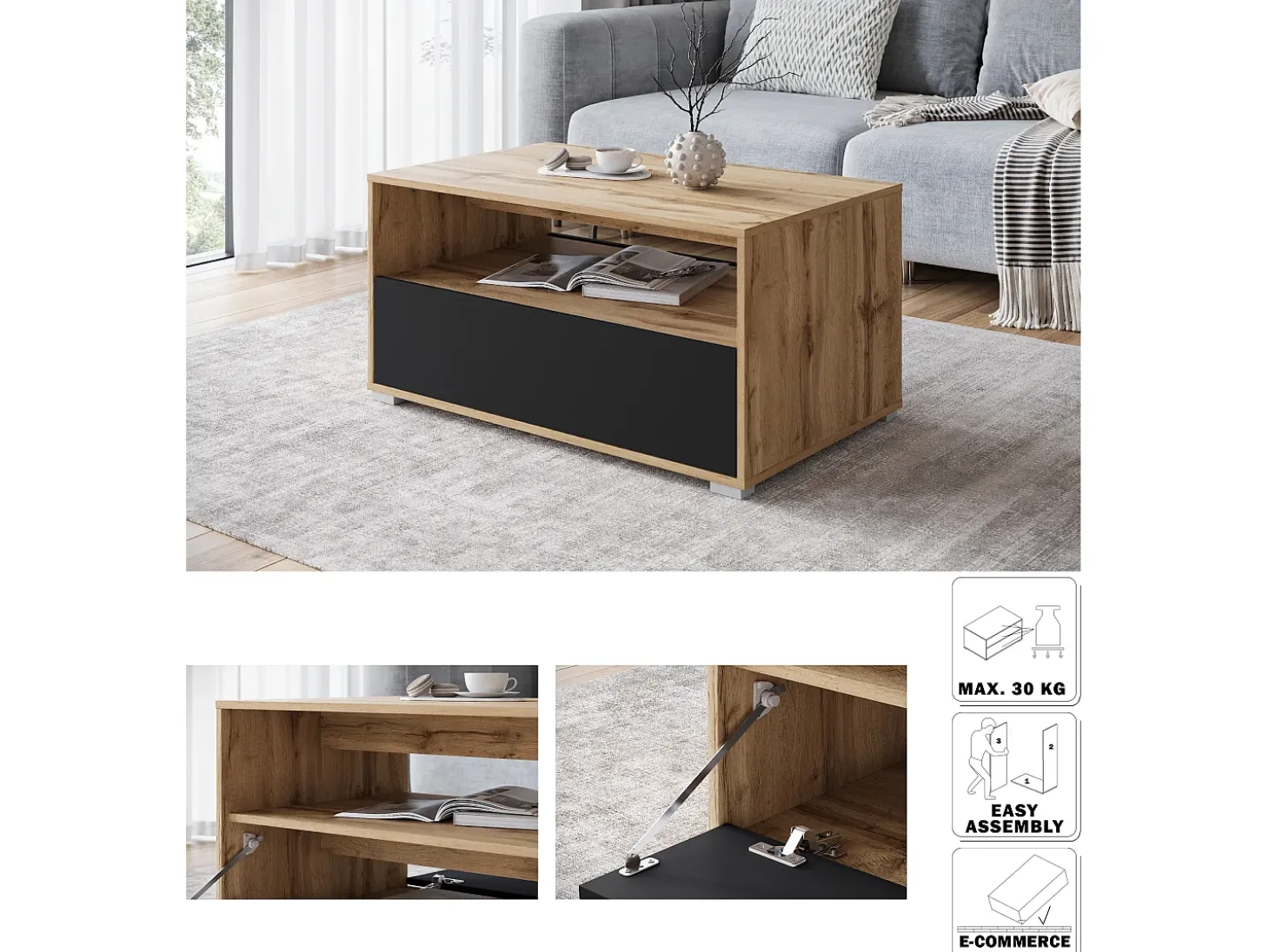 Mesa de centro moderna retangular com prateleira e compartimento, 90 cm, carvalho wotan, preto mate