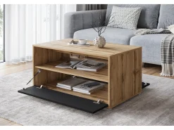 Mesa de centro moderna retangular com prateleira e compartimento, 90 cm, carvalho wotan, preto mate