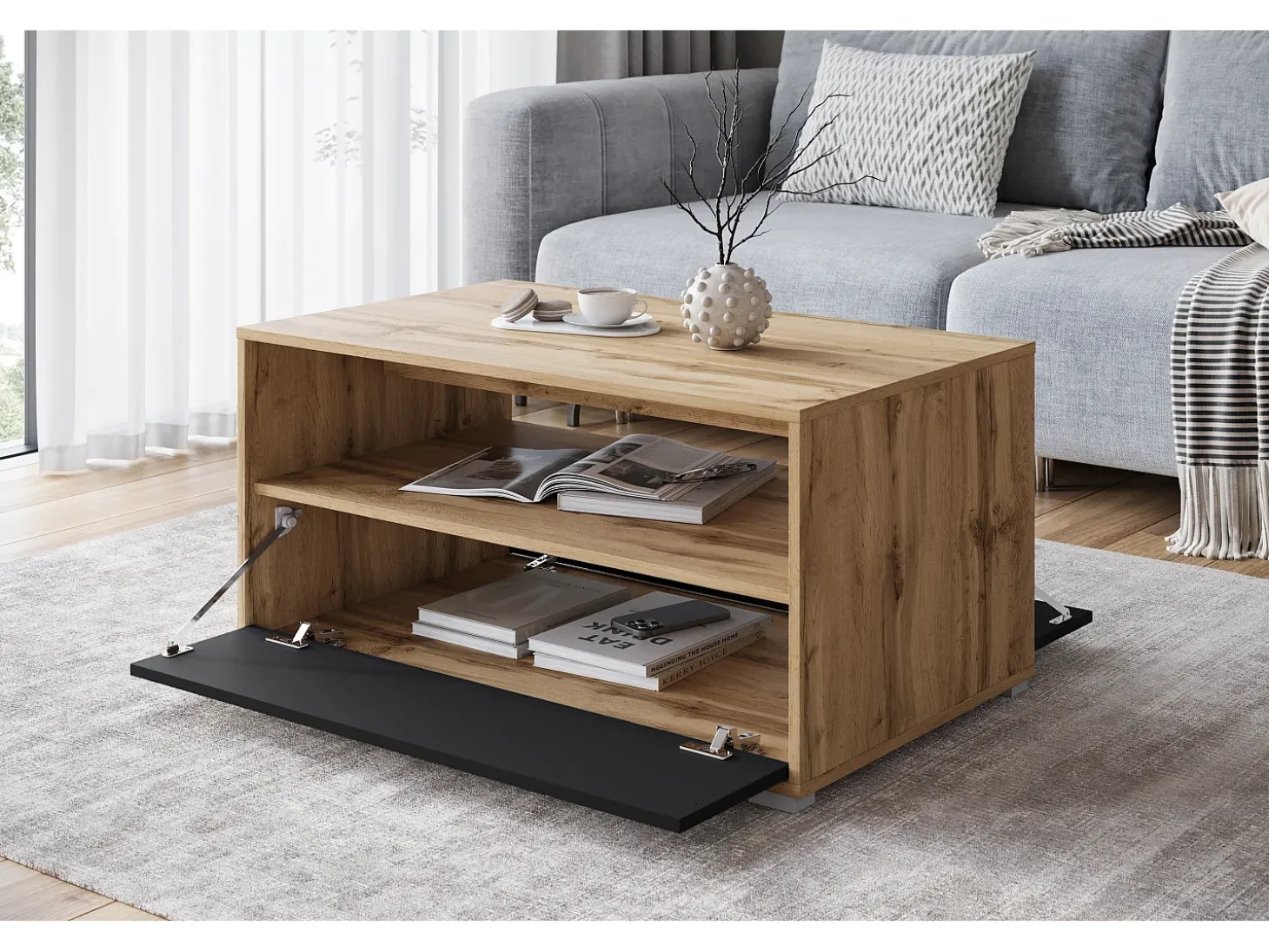 Mesa de centro moderna retangular com prateleira e compartimento, 90 cm, carvalho wotan, preto mate