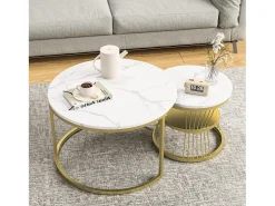 Mesa de centro moderna redonda encaixável - Estrutura em metal, Mesa grande: 70 x 45 cm, Mesa pequena: 45 x 40 cm - Dourado
