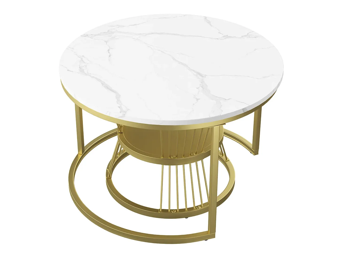 Mesa de centro moderna redonda encaixável - Estrutura em metal, Mesa grande: 70 x 45 cm, Mesa pequena: 45 x 40 cm - Dourado