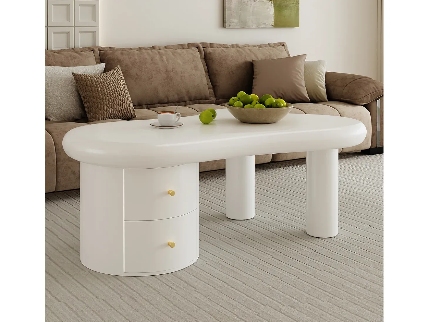 Mesa de centro moderna 97x64x42cm - forma irregular - 2 gavetas - branco