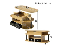 Mesa de centro moderna 105x50x60 cm - ​Função elevatória - 2 gavetas - Múltiplos compartimentos de armazenamento - Natural + preto