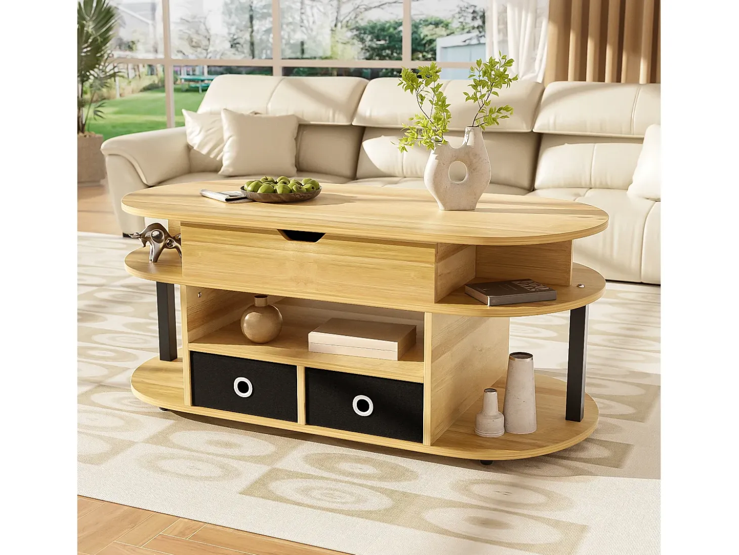 Mesa de centro moderna 105x50x60 cm - Função elevatória - 2 gavetas - Múltiplos compartimentos de armazenamento - Natural + preto