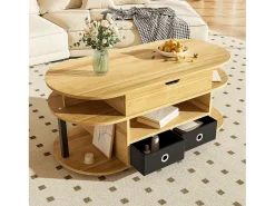 Mesa de centro moderna 105x50x60 cm - Função elevatória - 2 gavetas - Múltiplos compartimentos de armazenamento - Natural + preto