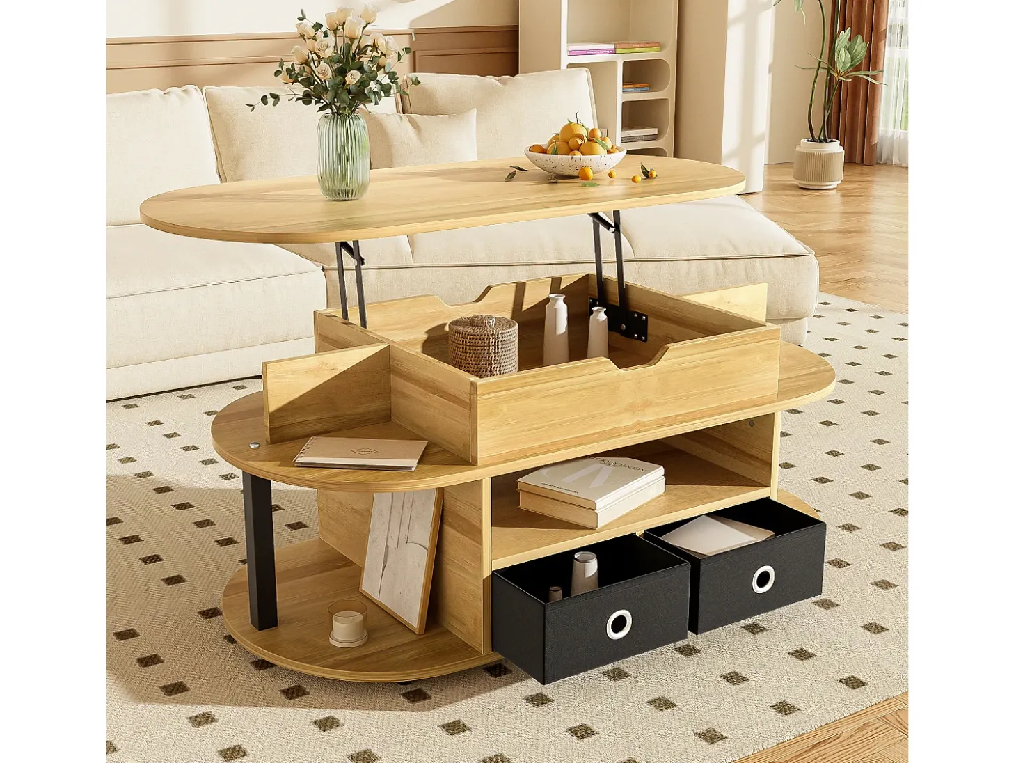 Mesa de centro moderna 105x50x60 cm - Função elevatória - 2 gavetas - Múltiplos compartimentos de armazenamento - Natural + preto