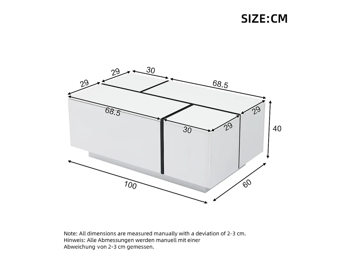 Mesa de centro moderna 100x60x40cm - acabamento brilhante - com 4 gavetas - branca