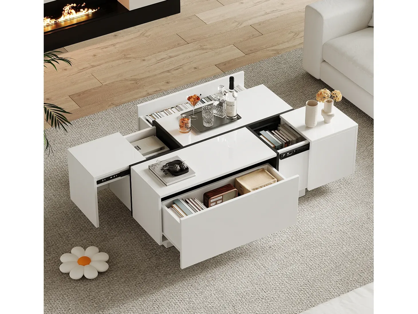 Mesa de centro moderna 100x60x40cm - acabamento brilhante - com 4 gavetas - branca