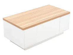 Mesa de centro moderna 100x50x40 cm - com 2 portas - mecanismo duplo de elevação - compartimento oculto - Branco+Natural