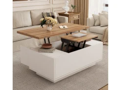 Mesa de centro moderna 100x50x40 cm - com 2 portas - mecanismo duplo de elevação - compartimento oculto - Branco+Natural