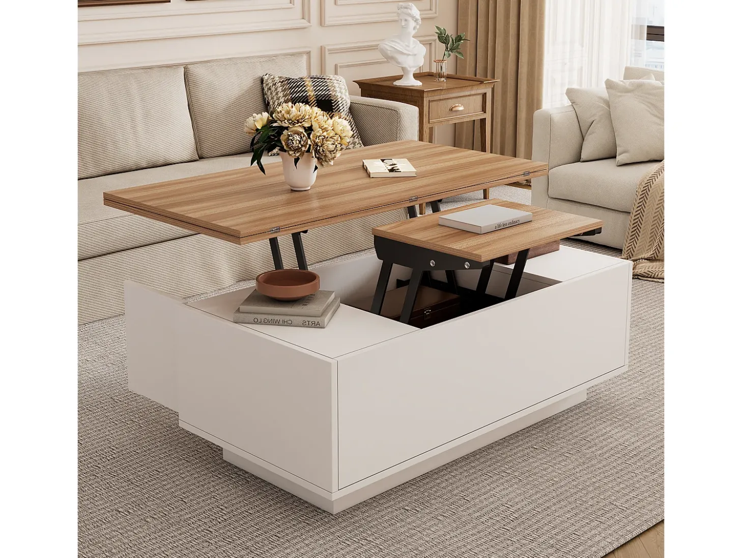Mesa de centro moderna 100x50x40 cm - com 2 portas - mecanismo duplo de elevação - compartimento oculto - Branco+Natural