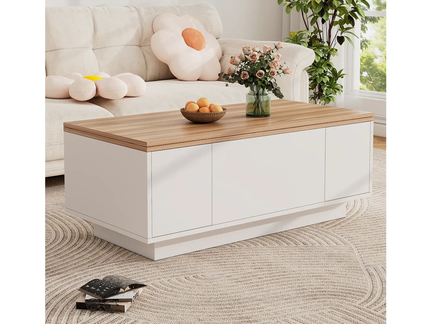 Mesa de centro moderna 100x50x40 cm - com 2 portas - mecanismo duplo de elevação - compartimento oculto - Branco+Natural
