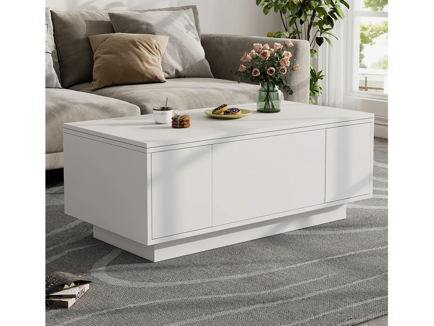 Mesa de centro moderna 100x50x40 cm - com 2 portas - mecanismo duplo de elevação - compartimento oculto - Branco