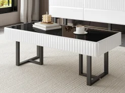 Mesa de centro moderna 110x50.5x41 cm - Tampo preto brilhante - Estrutura de ferro - MDF + painéis de partículas - Preto e branco