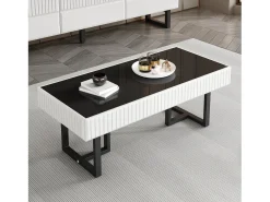 Mesa de centro moderna 110x50.5x41 cm - Tampo preto brilhante - Estrutura de ferro - MDF + painéis de partículas - Preto e branco
