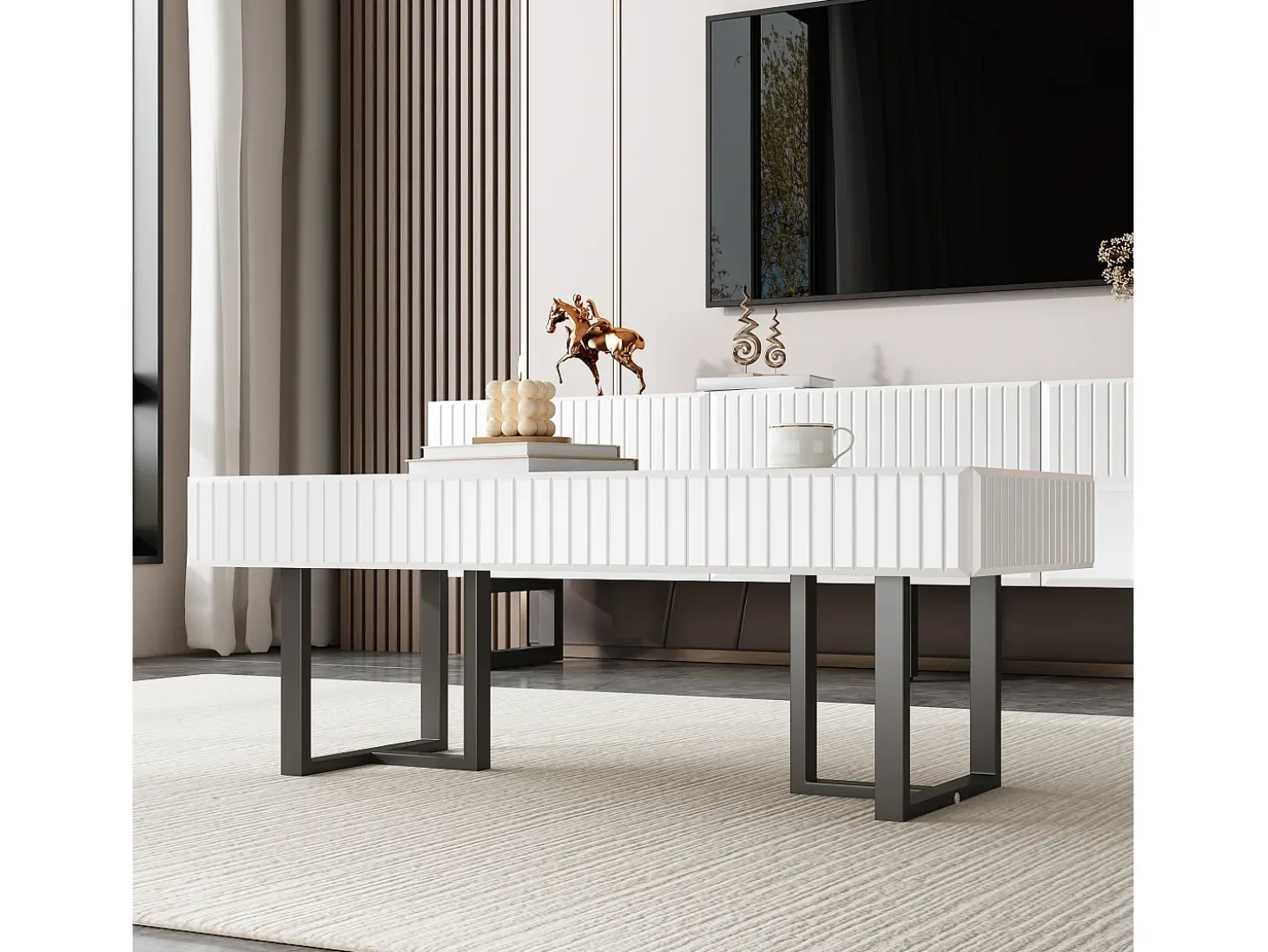 Mesa de centro moderna 110x50.5x41 cm - Tampo preto brilhante - Estrutura de ferro - MDF + painéis de partículas - Preto e branco