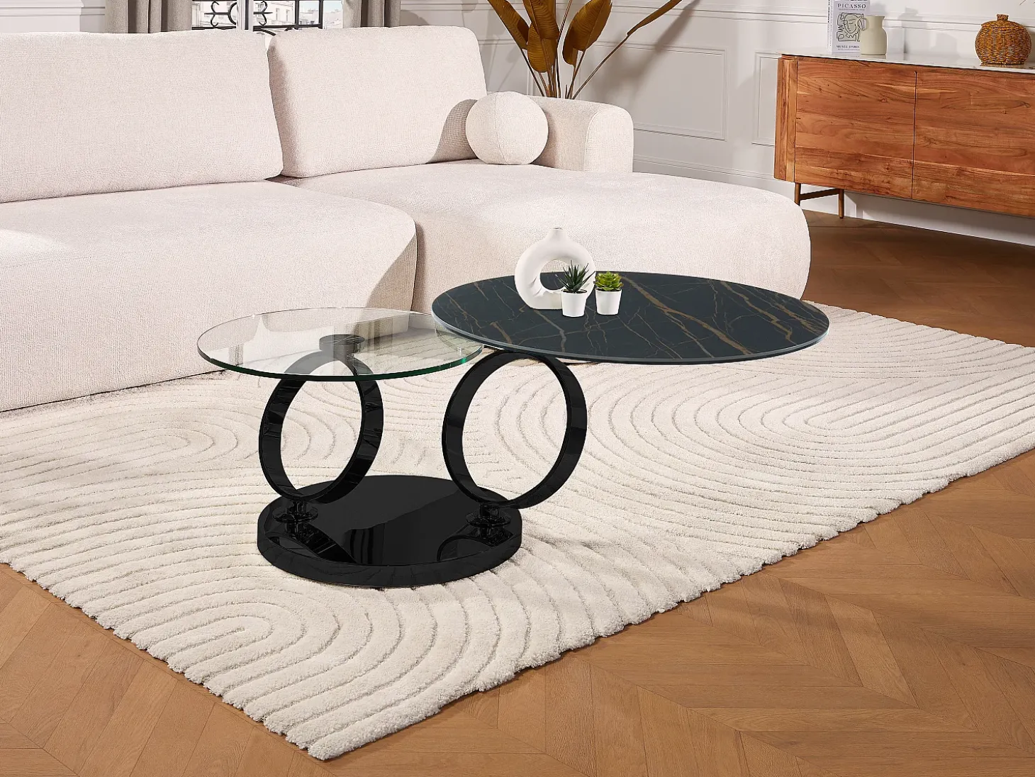Mesa de centro modular em vidro temperado, cerâmica e metal - Efeito mármore preto - JOLINE