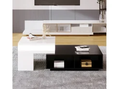 Mesa de centro modular 115x60x43cm com tampo elevatório, armazenamento integrado, branco e preto