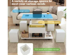 Mesa de centro multifuncional - transformada em mesa e 4 bancos - Branco