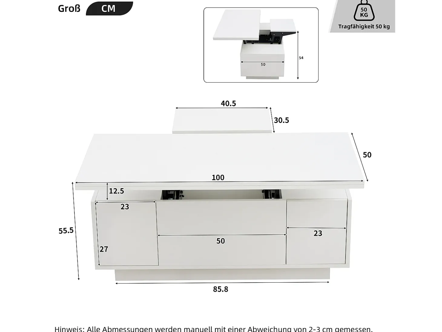 Mesa de centro multifuncional elevável com armazenamento oculto, branco puro, estrutura de MDF