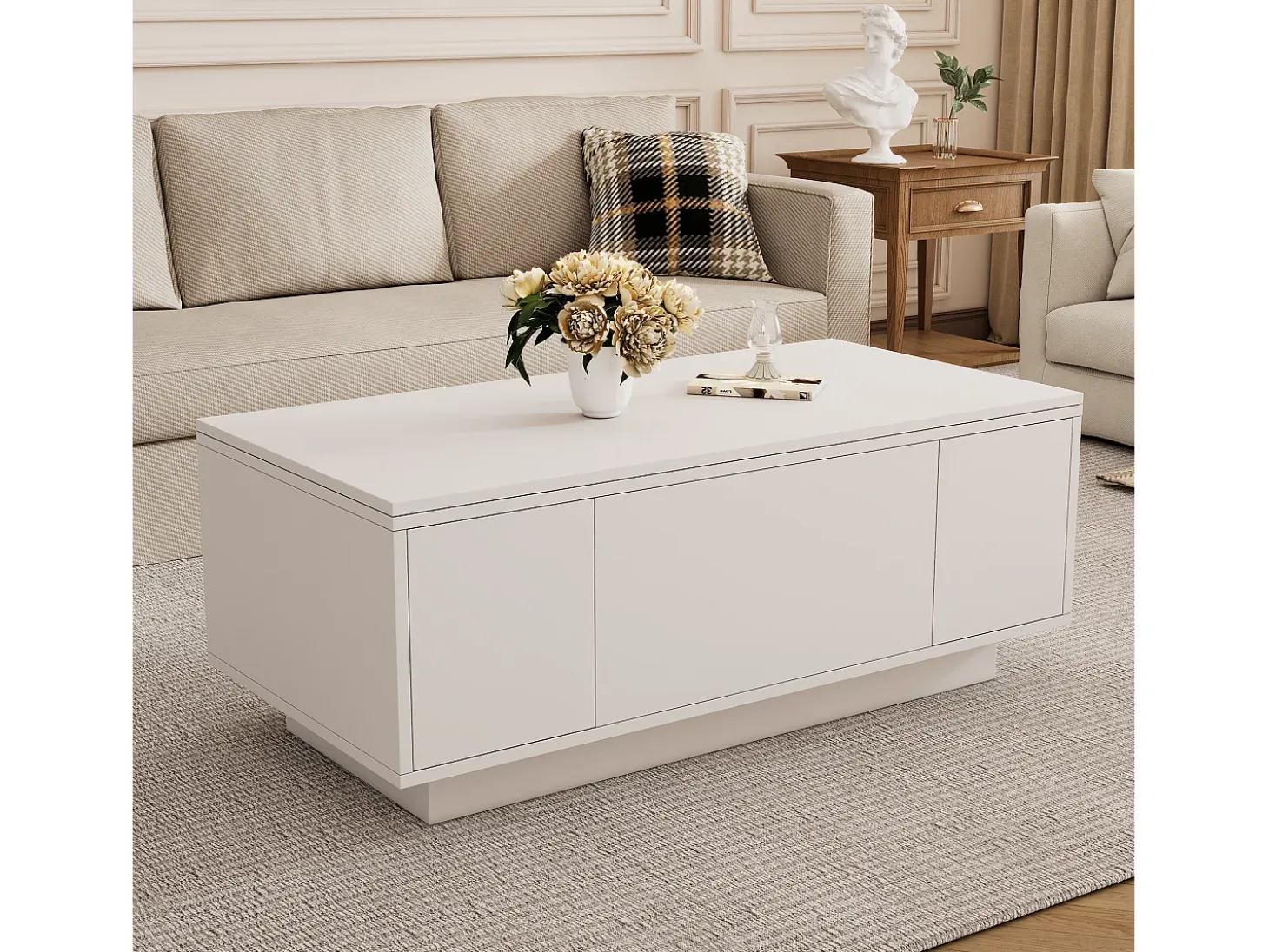Mesa de centro multifuncional elevável com armazenamento oculto, branco puro, estrutura de MDF