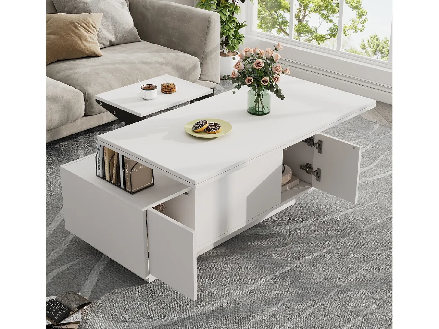 Mesa de centro multifuncional elevável com armazenamento oculto, branco puro, estrutura de MDF