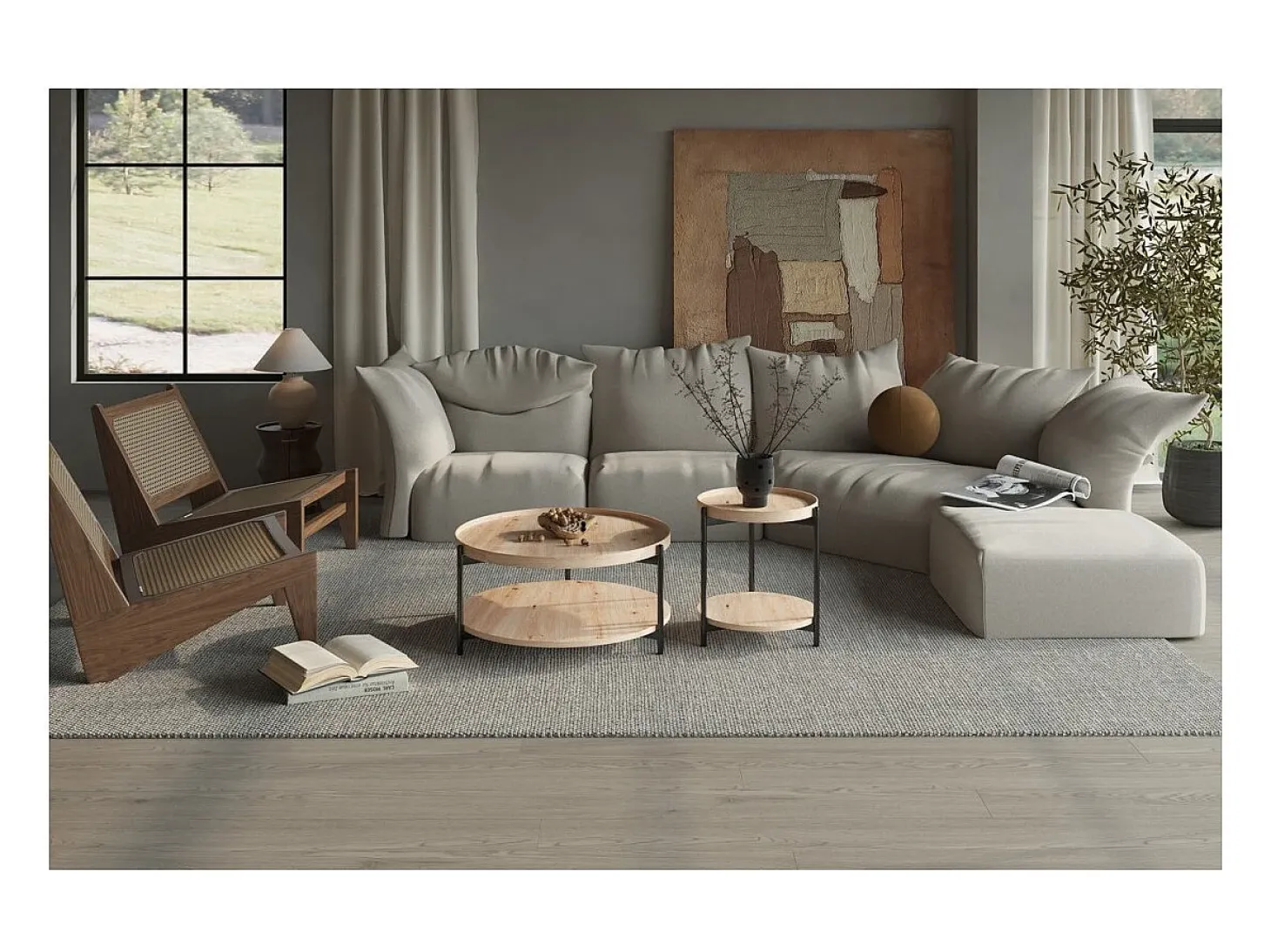 Mesa de centro NORWYN – Cor carvalho envelhecido – Mesa de centro redonda Ø45 cm – MDF – Design compacto e original