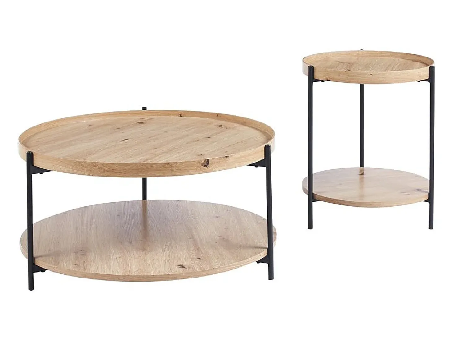 Mesa de centro NORWYN – Cor carvalho envelhecido – Mesa de centro redonda Ø45 cm – MDF – Design compacto e original