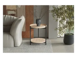 Mesa de centro NORWYN – Cor carvalho envelhecido – Mesa de centro redonda Ø45 cm – MDF – Design compacto e original