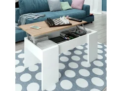 Mesa de centro Oceanside, Mesa de centro com tampo elevável, Mesa baixa de sala, 100x50h45/56 cm, Branco e Carvalho