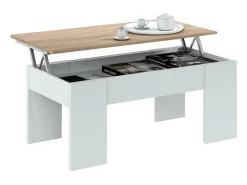 Mesa de centro Oceanside, Mesa de centro com tampo elevável, Mesa baixa de sala, 100x50h45/56 cm, Branco e Carvalho