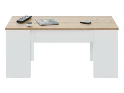 Mesa de centro Oceanside, Mesa de centro com tampo elevável, Mesa baixa de sala, 100x50h45/56 cm, Branco e Carvalho