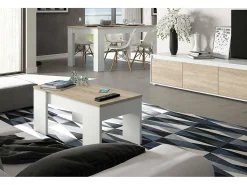 Mesa de centro Oceanside, Mesa de centro com tampo elevável, Mesa baixa de sala, 100x50h45/56 cm, Branco e Carvalho