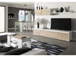 Mesa de centro Oceanside, Mesa de centro com tampo elevável, Mesa baixa de sala, 100x50h45/56 cm, Branco e Carvalho