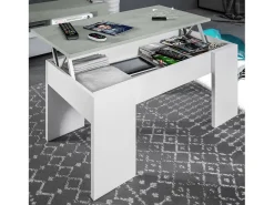 Mesa de centro Oceanside, Mesa de centro com tampo elevável, Mesa baixa de sala, 100x50h45/56 cm, Branco e concreto