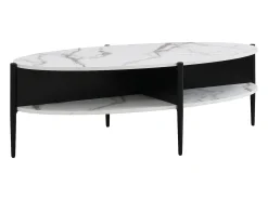 Mesa de centro oval com 4 nichos em MDF e metal efeito mármore branco e preto - EVARO