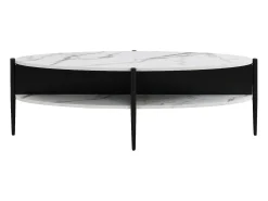 Mesa de centro oval com 4 nichos em MDF e metal efeito mármore branco e preto - EVARO