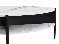 Mesa de centro oval com 4 nichos em MDF e metal efeito mármore branco e preto - EVARO