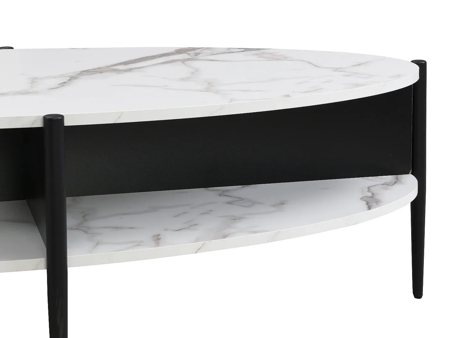 Mesa de centro oval com 4 nichos em MDF e metal efeito mármore branco e preto - EVARO